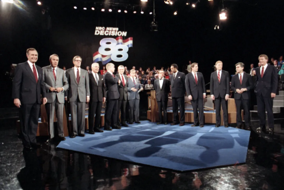 Vice President George Bush participates in a primary debate, held in Washington, DC, which includes both Republican and Democratic Primary candidates.  Participants include (L to R) Vice President George Bush, Senator Bob Dole, Governor Pete DuPont, Se...