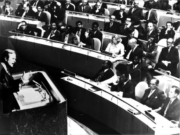 US Ambassador to the UN, George Bush, speaks at a general assembly