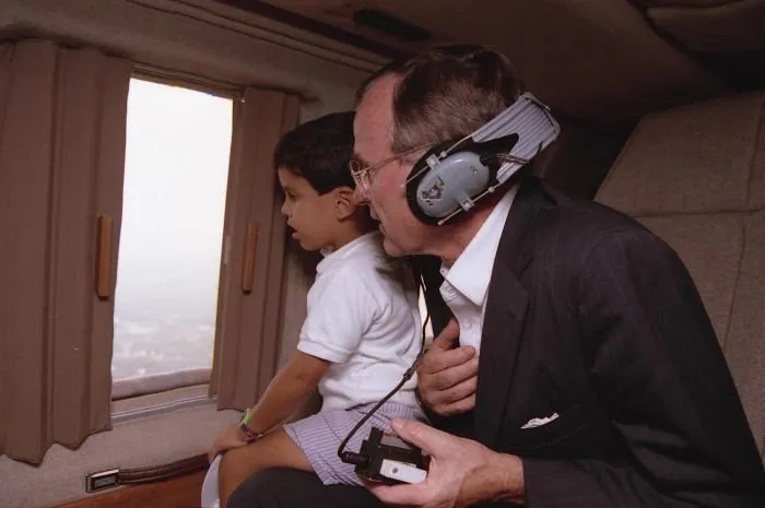 President Bush and grandson, Jebbie, aboard Marine One