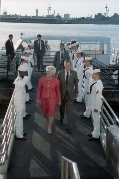 President and Mrs. Bush arrive at the USS Arizona Memorial for a ceremony commemorating the 50th anniversary of the Japanese attack on Pearl Harbor.