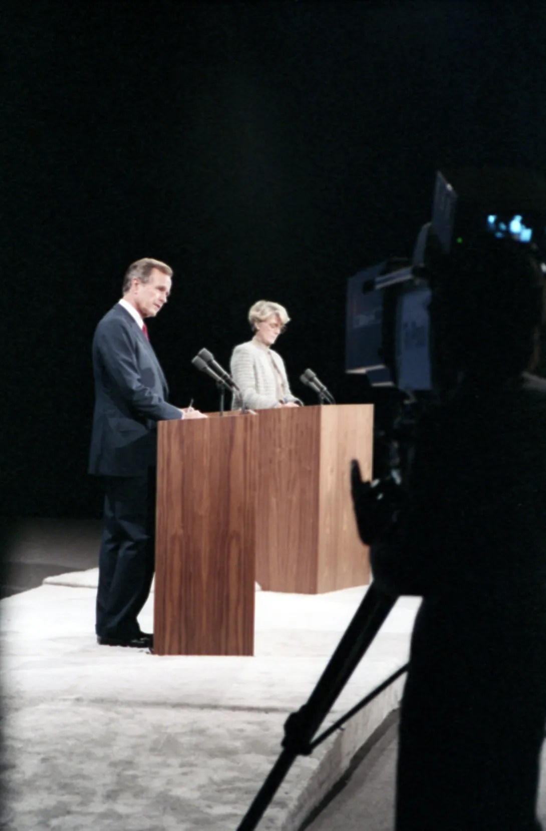 Vice President Bush and New York Congresswoman Geraldine Ferraro engage in the 1984 Vice Presidential Debate in Philadelphia, Pennsylvania