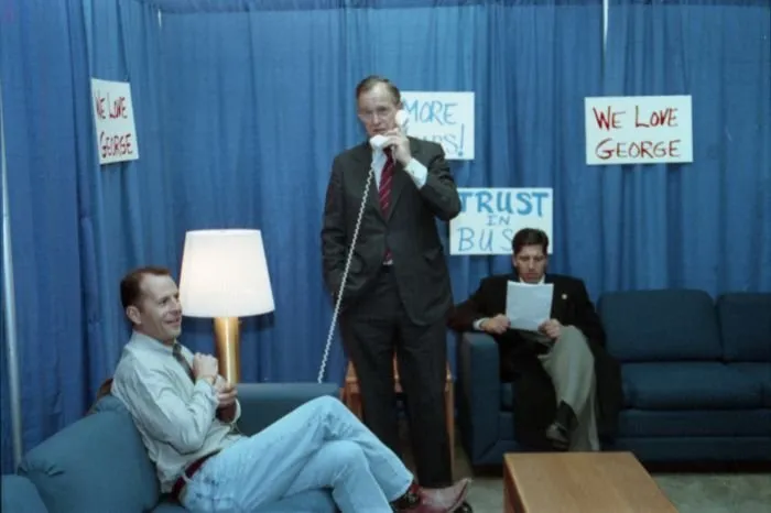 President Bush with Bruce Willis backstage at Welcome Rally in Toledo, OH