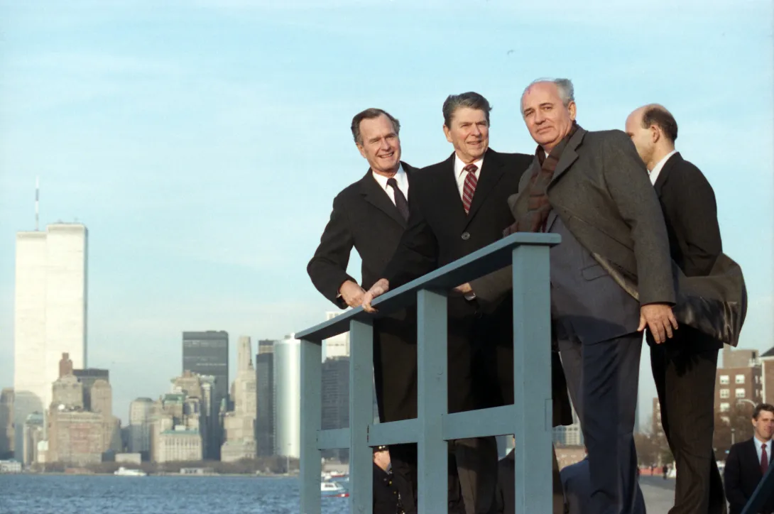 President-Elect Bush, President Reagan, and President Gorbachev at the Governor's Island Summit.  The World Trade Center is visible in the background