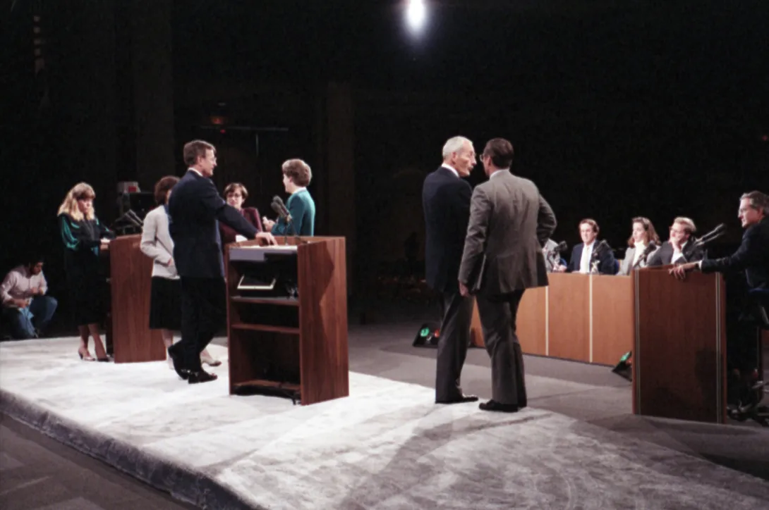 Vice President Bush practices onstage for 1984 Vice Presidential Debate between himself and Geraldine Ferraro, held in Philadelphia, Pennsylvania