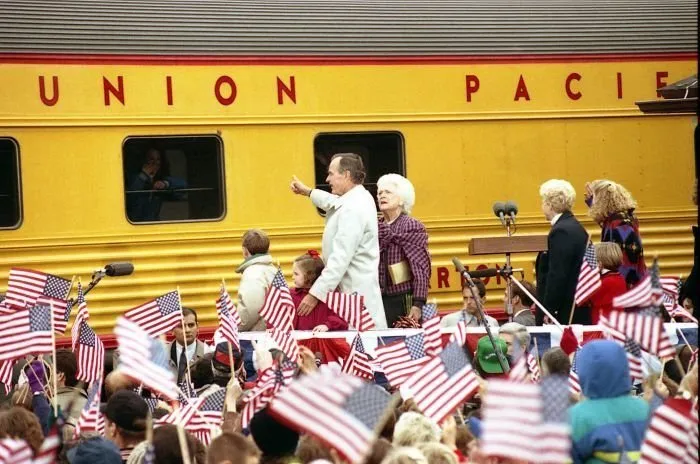 President Bush and Barbara Bush arrive at the Train Station in Burlington, WI