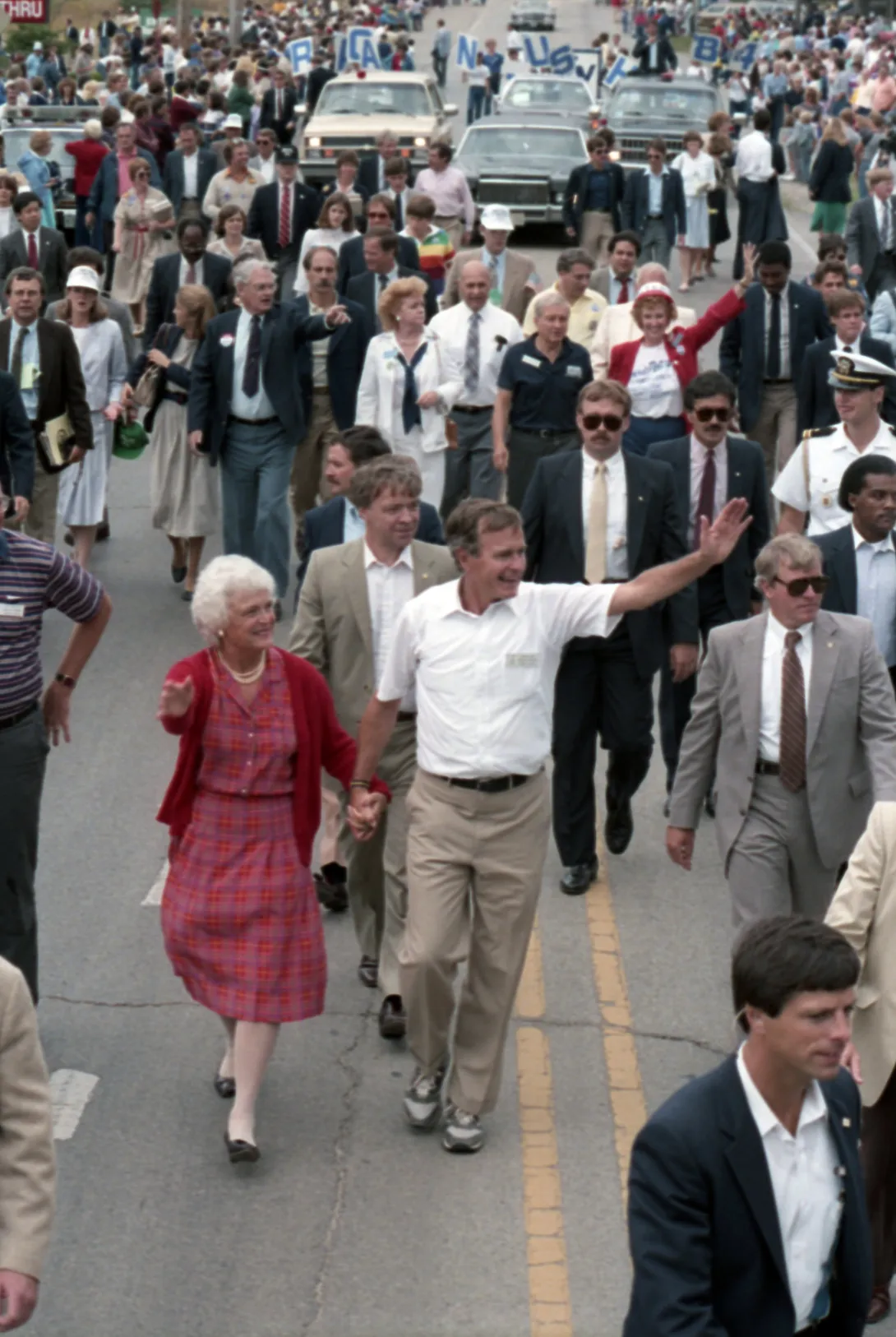 Vice President and Mrs. Bush participate in the Labor Day Parade in Lamont, Illinois.