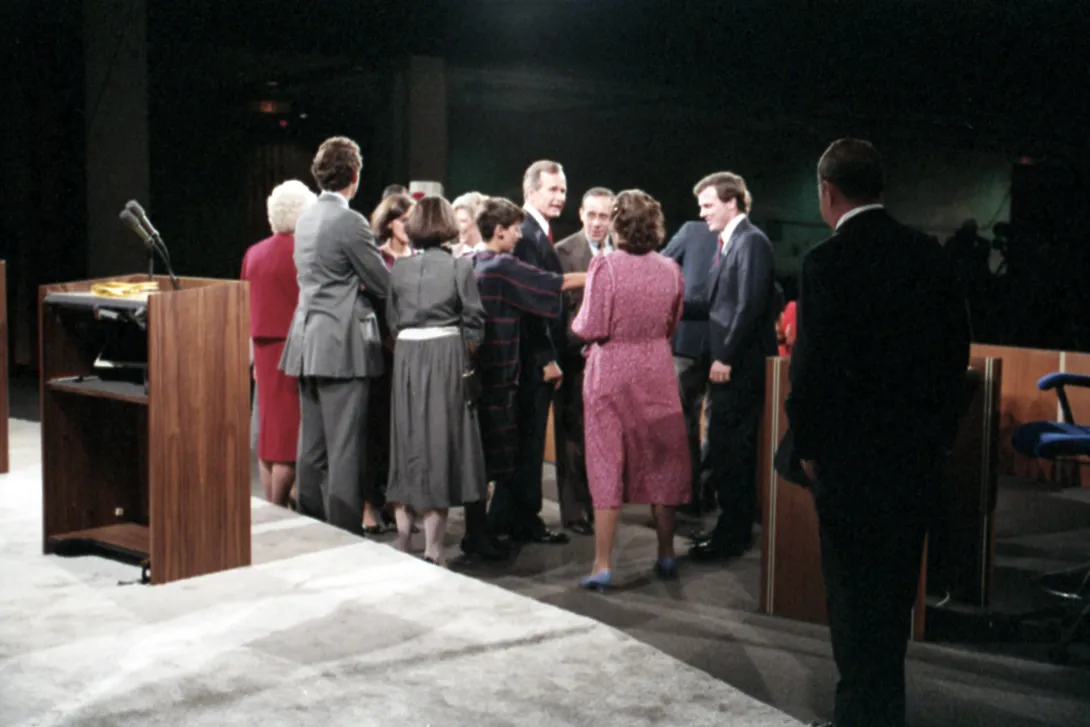 Vice President Bush, Vice Presidential Candidate Geraldine Ferraro, and their families greet each other following the 1984 Vice Presidential Debate in Philadelphia, Pennsylvania