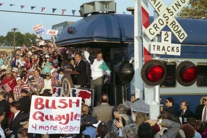 President Bush addresses the Burlington, NC Welcome during the Whistle-Stop Campaign