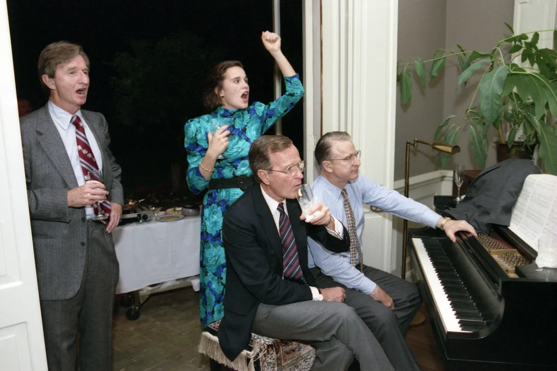 Vice President Bush, his daughter, Doro LeBlond, and others watch the election returns on TV