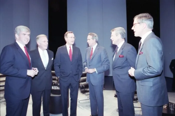 Republican Presidential Primary candidates (L to R) Congressman Jack Kemp, Secretary Alexander Haig, Vice President George Bush, Senator Bob Dole, Reverend Pat Robertson, and Governor Pete DuPont pose for a photo before the debate in Des Moines, IA
