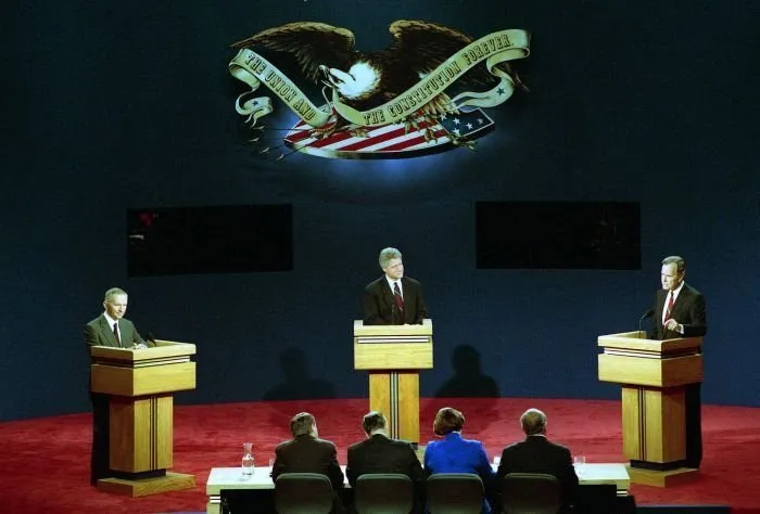 President Bush, Governor Clinton, and Ross Perot during the first Presidential Debate in St. Louis