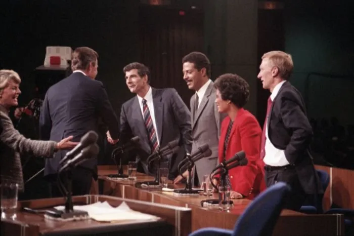 Vice President Bush and Vice Presidential Candidate Geraldine Ferraro greet the moderators following the 1984 Vice Presidential Debate in Philadelphia, Pennsylvania