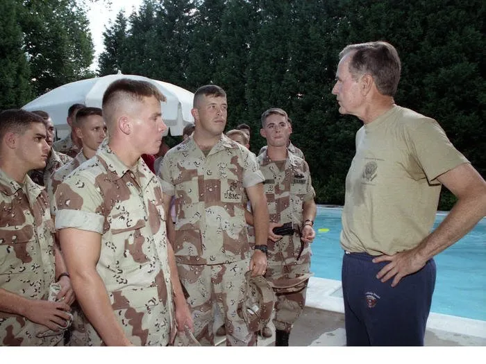 President Bush visits with troops who have recently returned from the Gulf War