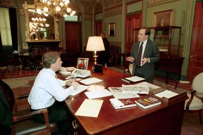 Vice President Quayle meets with his Chief of Staff, William Kristol