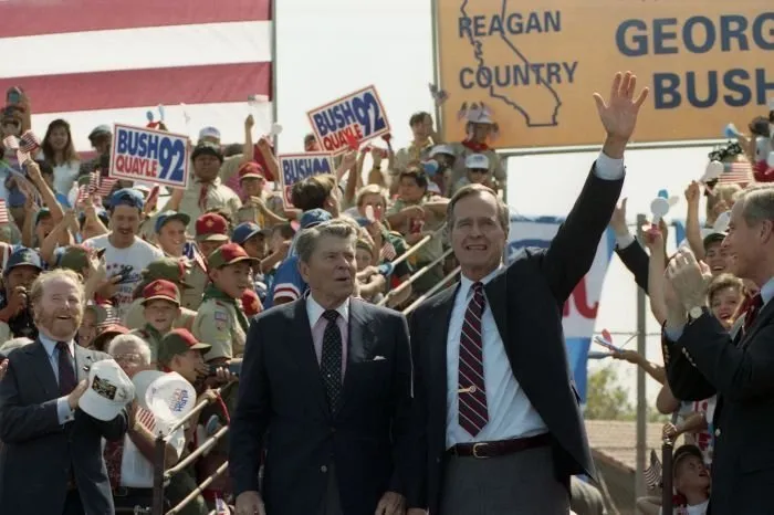 President Bush and former President Reagan campaigning at the Orange County welcome rally, Anaheim, California