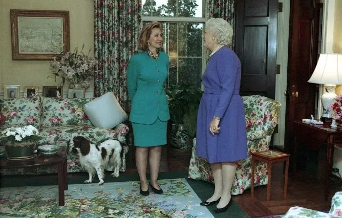 Mrs Bush hosts Hillary Clinton at the White House after the election