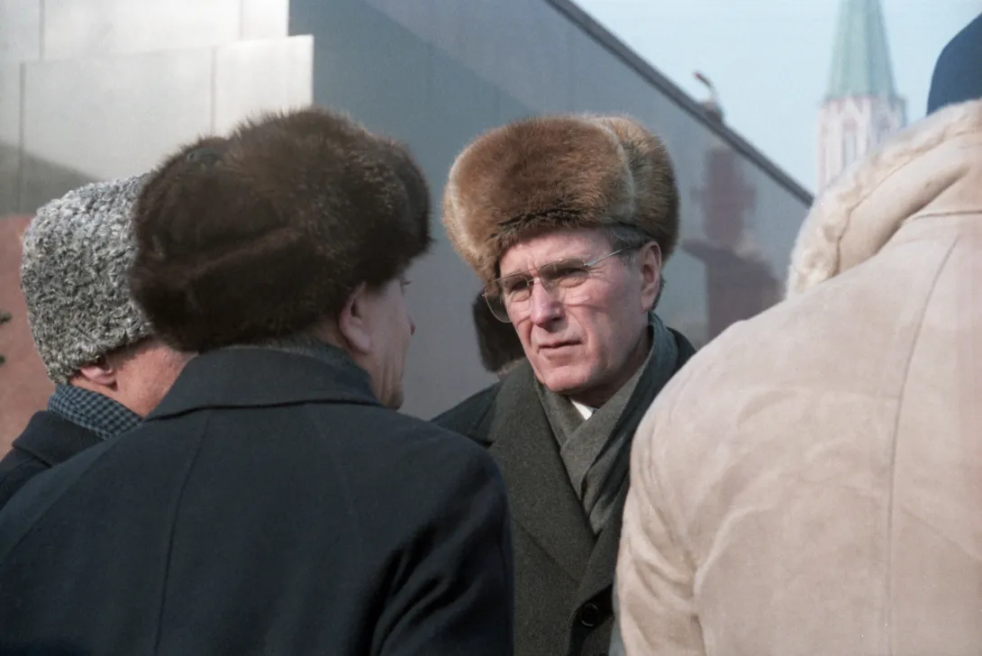 Vice President Bush attends funeral of Chairman of the Presidium of the Supreme Soviet of the Soviet Union, Yuri Andropov in Moscow.  Lenin's Mausoleum is visible in the background