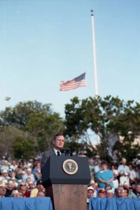 President Bush addresses Pearl Harbor Survivors during a ceremony at the National Cemetery of the Pacific, also known as The Punchbowl.