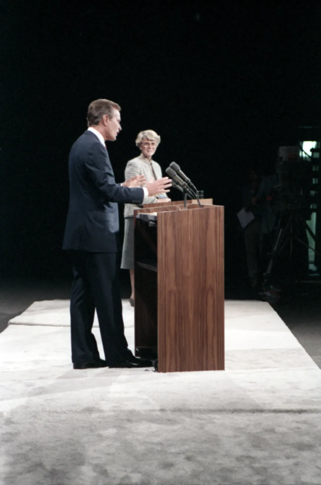 Vice President Bush and New York Congresswoman Geraldine Ferraro engage in the 1984 Vice Presidential Debate in Philadelphia, Pennsylvania