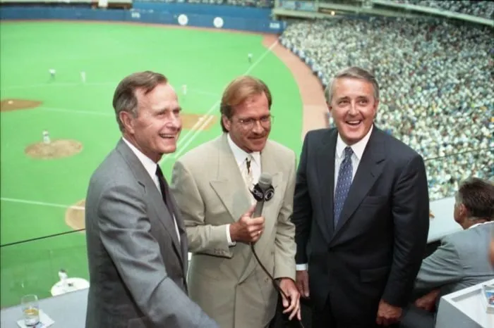 President Bush and Brian Mulroney are interviewed during the 1991 MLB All-Star Game