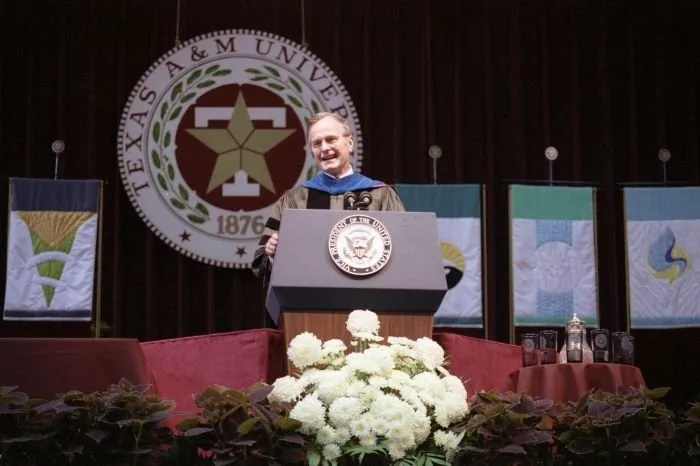 Vice President Bush delivers the Texas A&M University Commencement Address in College Station, Texas