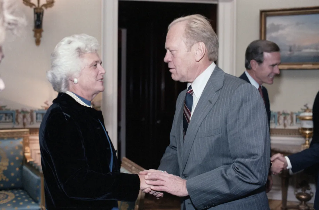 Second Lady Barbara Bush greets former  President Gerald Ford during an event in which former Presidents Carter, Ford, and Nixon and their spouses met with the Reagans and Bushes before departing to Egypt to attend the funeral of slain Egypt President ...