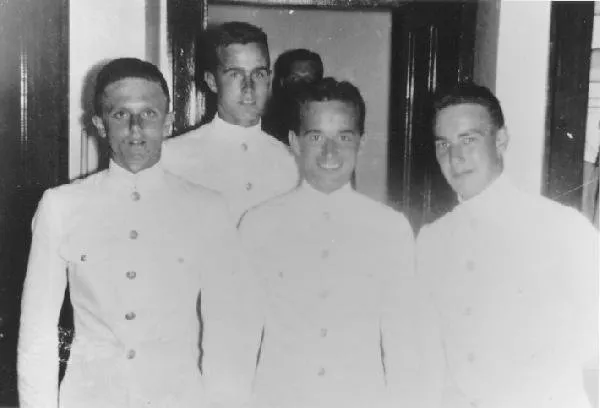 US Navy Pre-Flight School, University of North Carolina, Lewis Hall, Room 317, (L to R) Blaine Hall, George Bush, Bill Robinson, Dean Phinney, Chapel Hill, NC