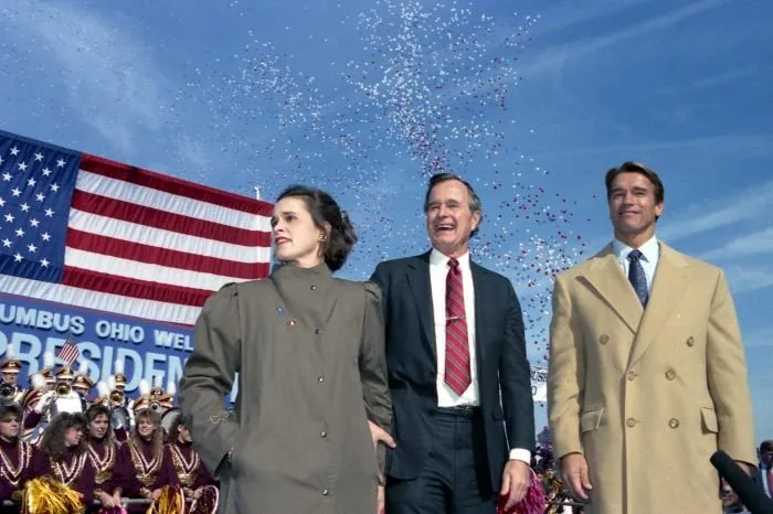 Vice President George Bush is joined by his daughter, Doro LeBlond, and Arnold Schwarzenegger at a Campaign Rally in Columbus, OH