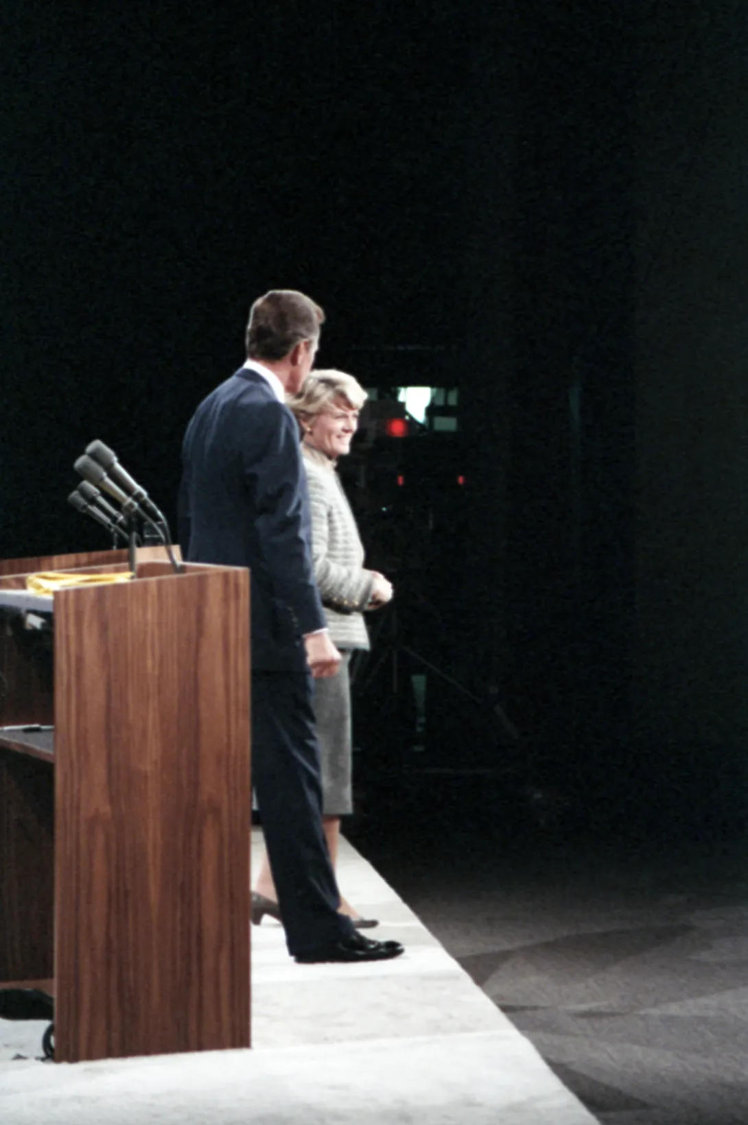 Vice President Bush and New York Congresswoman Geraldine Ferraro exit the stage after engaging each other in the 1984 Vice Presidential Debate in Philadelphia, Pennsylvania