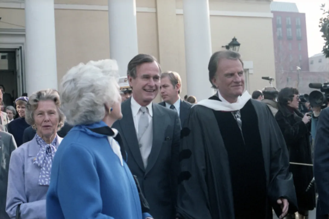Vice President-elect George Bush, Mrs. Bush, and his mother, Mrs. Dorothy Walker Bush, attend Inauguration Day services with Reverend Billy Graham at St. John's Episcopal Church in Washington, D.C