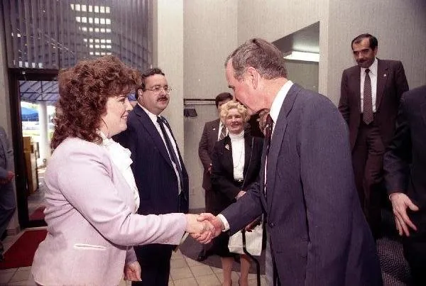Vice President George Bush greets campaign volunteers during a stop in Miami, Florida