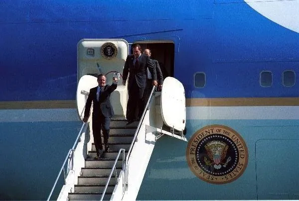 President Bush deplanes from inaugural flight of New Air Force One