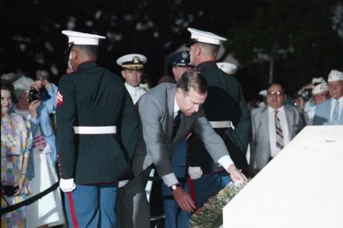 President Bush lays a wreath at the monument in the National Memorial Cemetery of the Pacific (aka The Punchbowl) honoring service members who are missing in action.