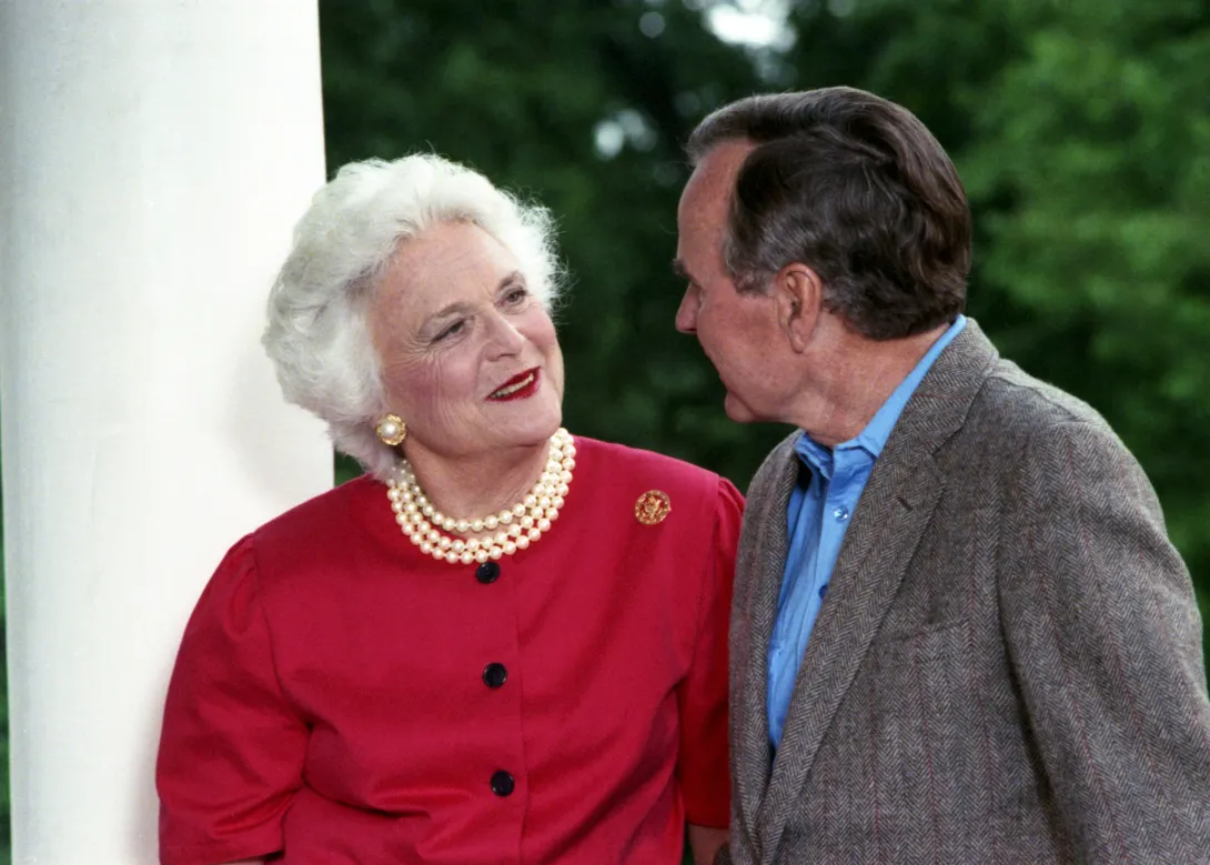 Vice President and Mrs. Bush smile on the porch of the Vice President's residence, Washington, D.C