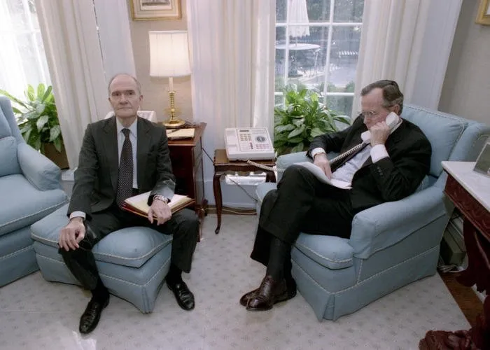 President Bush meets with Gen. Scowcroft to discuss the War Powers Act