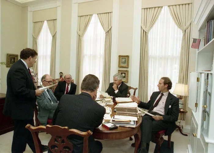President Bush with Robert Gates, Gen. Scowcroft, Gov. Sununu, Marlin Fitzwater, and Richard Haass in General Scowcroft's office
