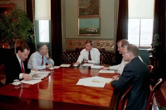 Vice President Quayle holds a meeting with his staff