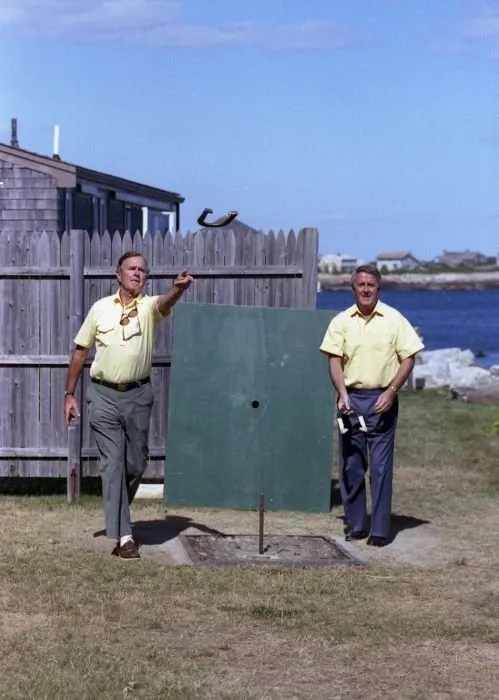 President Bush and PM Mulroney pitch horseshoes at Walker's Point