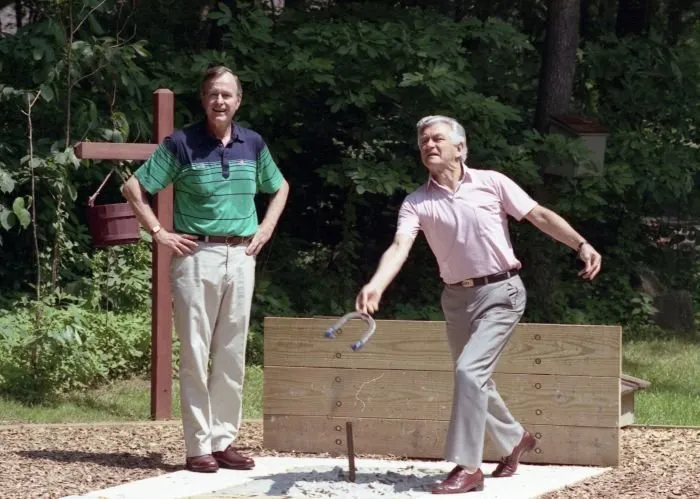 President Bush and PM Hawke of Australia pitch horseshoes