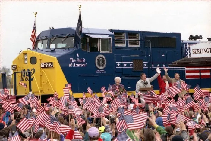 President Bush and Barbara Bush arrive at the Train Station in Burlington, WI