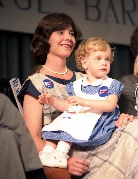 Vice President Bush addresses a Reagan/Bush rally in Midland, Texas accompanied by his wife Barbara, and his son, George W. Bush, with his wife, Laura, and their twin daughters, Jenna and Barbara