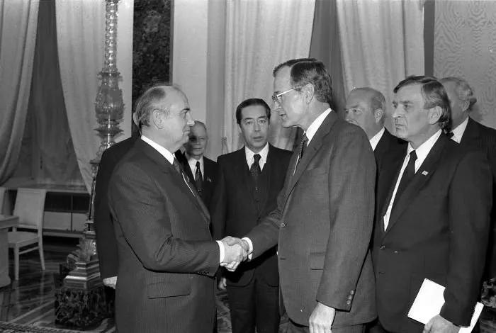 While in Moscow for the funeral of Konstantin Chernenko, Vice President George Bush meets with the new Soviet leader, Mikhail Gorbachev, for the first time