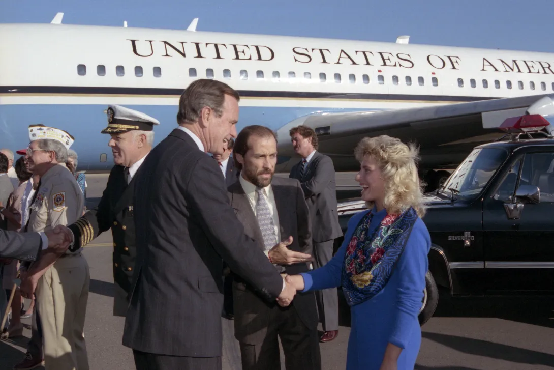 Vice President Bush meets with supporters, including singer Lee Greenwood, on a campaign stop in Redding, California