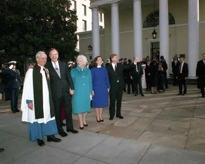 President-Elect Bush and Vice President-Elect Quayle, with their wives, leave St. John's Episcopal Church with Reverand John Harper, Washington, D.C.