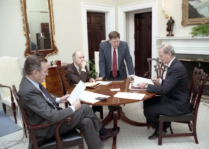 President Bush meets with Sec. Baker, Gov. Sununu, and Gen. Scowcroft