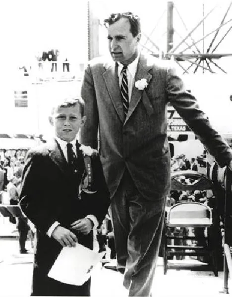 George W. Bush with his father, George Bush, at the commissioning ceremonies for the Scorpion off-shore drilling platform.