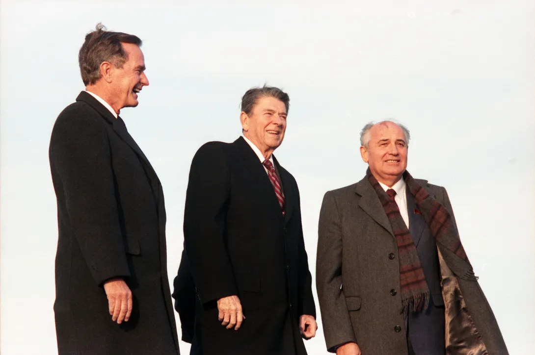 President-Elect Bush, President Reagan, and President Gorbachev at the Governor's Island Summit in New York