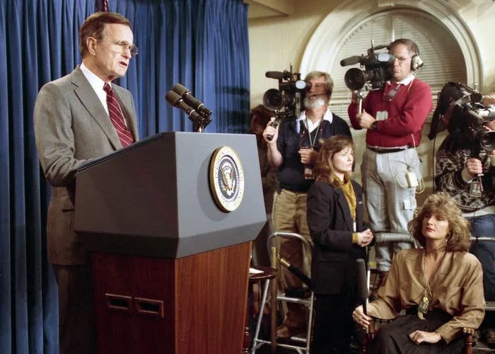 President Bush addresses the nation from the Press Room regarding expiration of the deadline for Iraq to withdraw from Kuwait