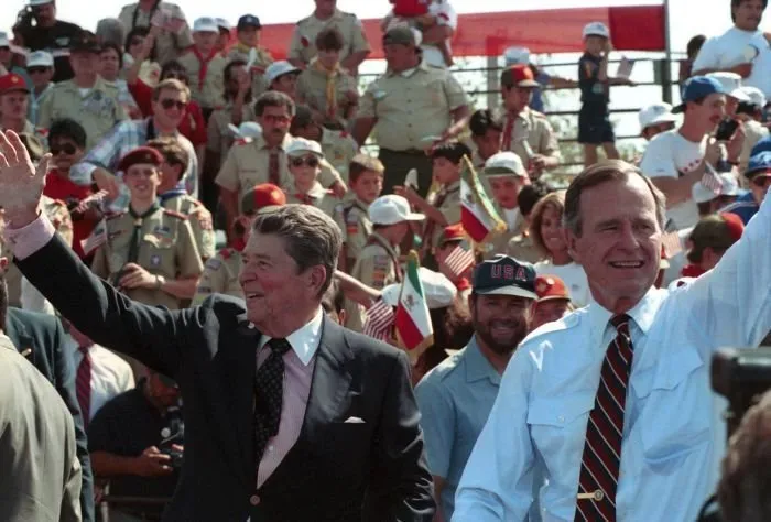 President Bush and former President Reagan campaigning at the Orange County welcome rally, Anaheim, California