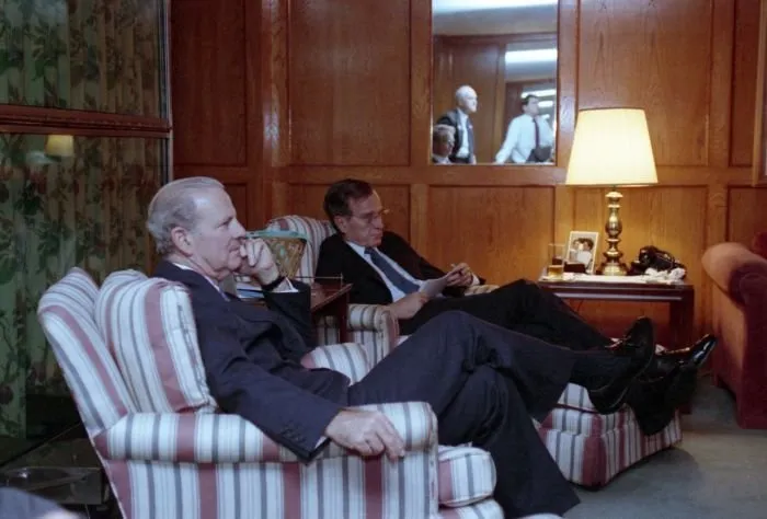 President Bush and Barbara Bush watch election returns with family and staff at the Houstonian Hotel in Houston, Texas